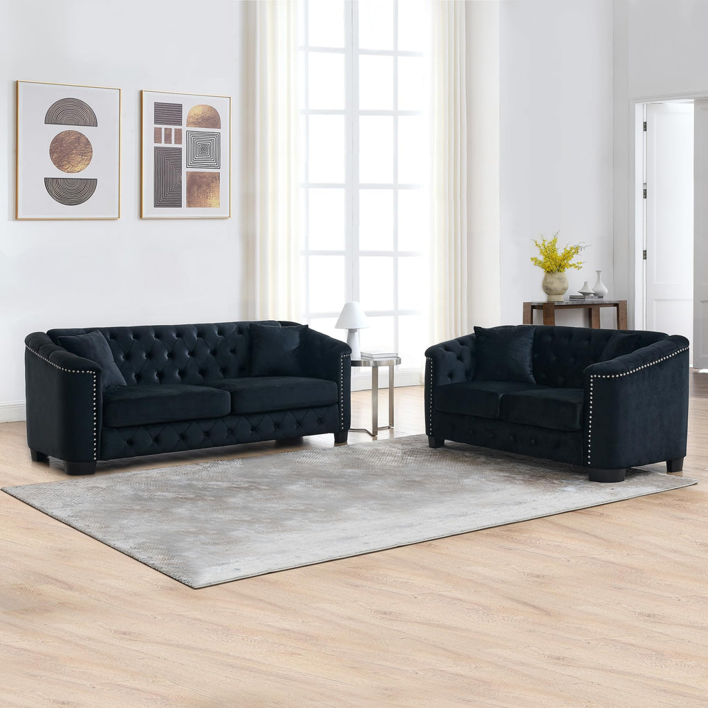 mikibama Modern Chesterfield Velvet Sofa, 77 Inch Sectional Sofa, Luxury 3 Seater Upholstered Tufted Couch with Nailhead Arms and 2 Pillows for Living Room, Bedroom, Apartment(Black)