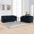 mikibama Modern Chesterfield Velvet Sofa, 77 Inch Sectional Sofa, Luxury 3 Seater Upholstered Tufted Couch with Nailhead Arms and 2 Pillows for Living Room, Bedroom, Apartment(Black)