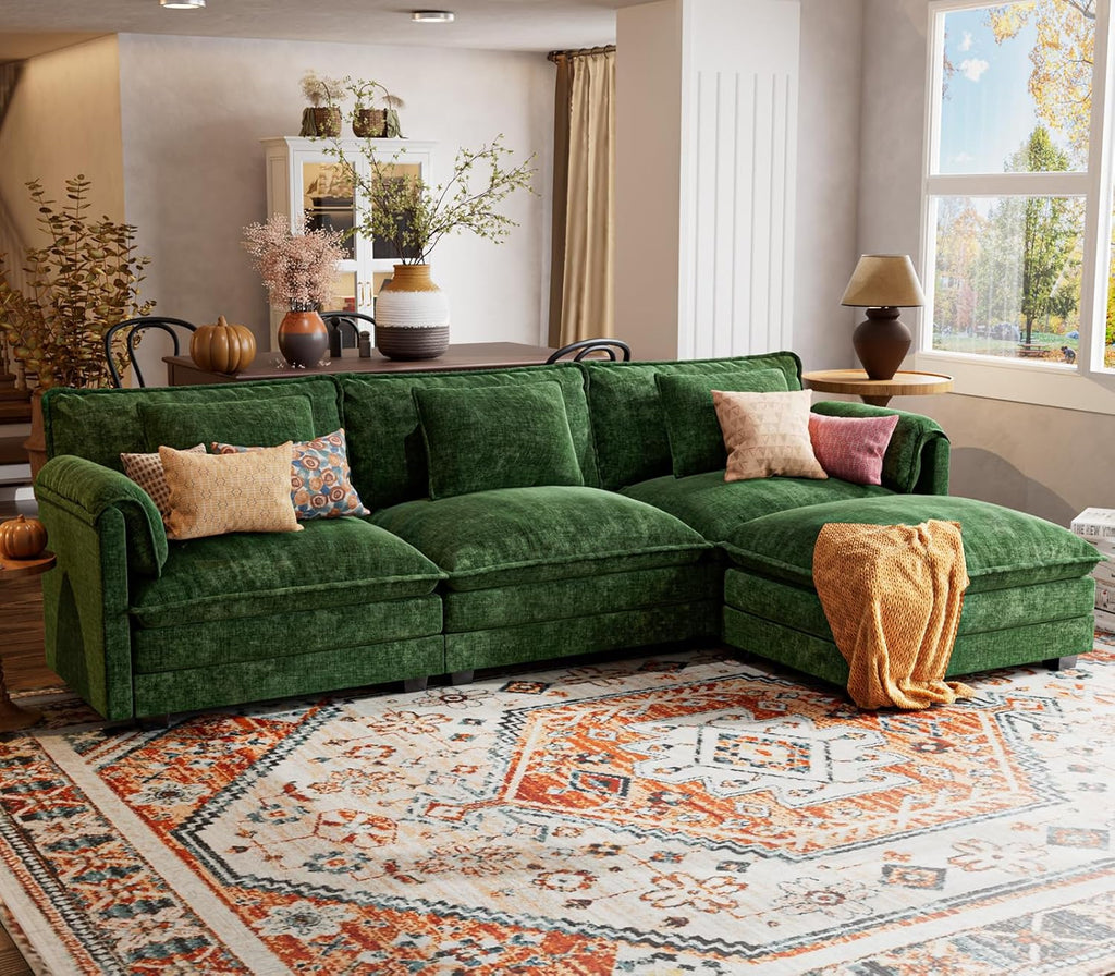 ELUCHANG 113" Modular Sectional Sofa, Comfy Cloud Couch, L Shaped Deep Seat Sofa Couches for Living Room, 4-Seater Modern Sofa with Movable Ottoman, DIY Combination - Chenille Green