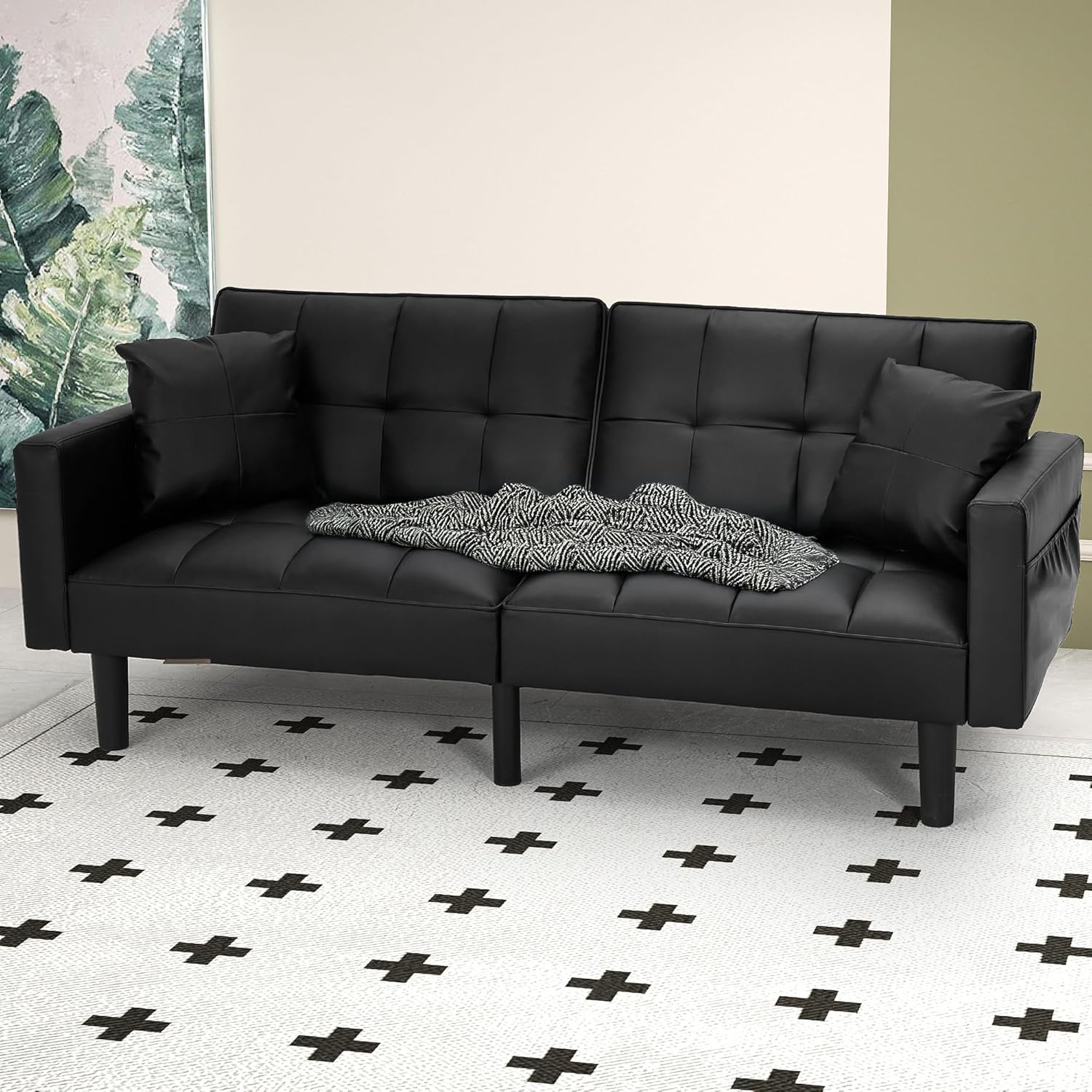 ECOTOUGE Faux Leather Futon Couch, Convertible Sofa Bed with Adjustable Back, Modern Sleeper Sofa for Living Room, Black