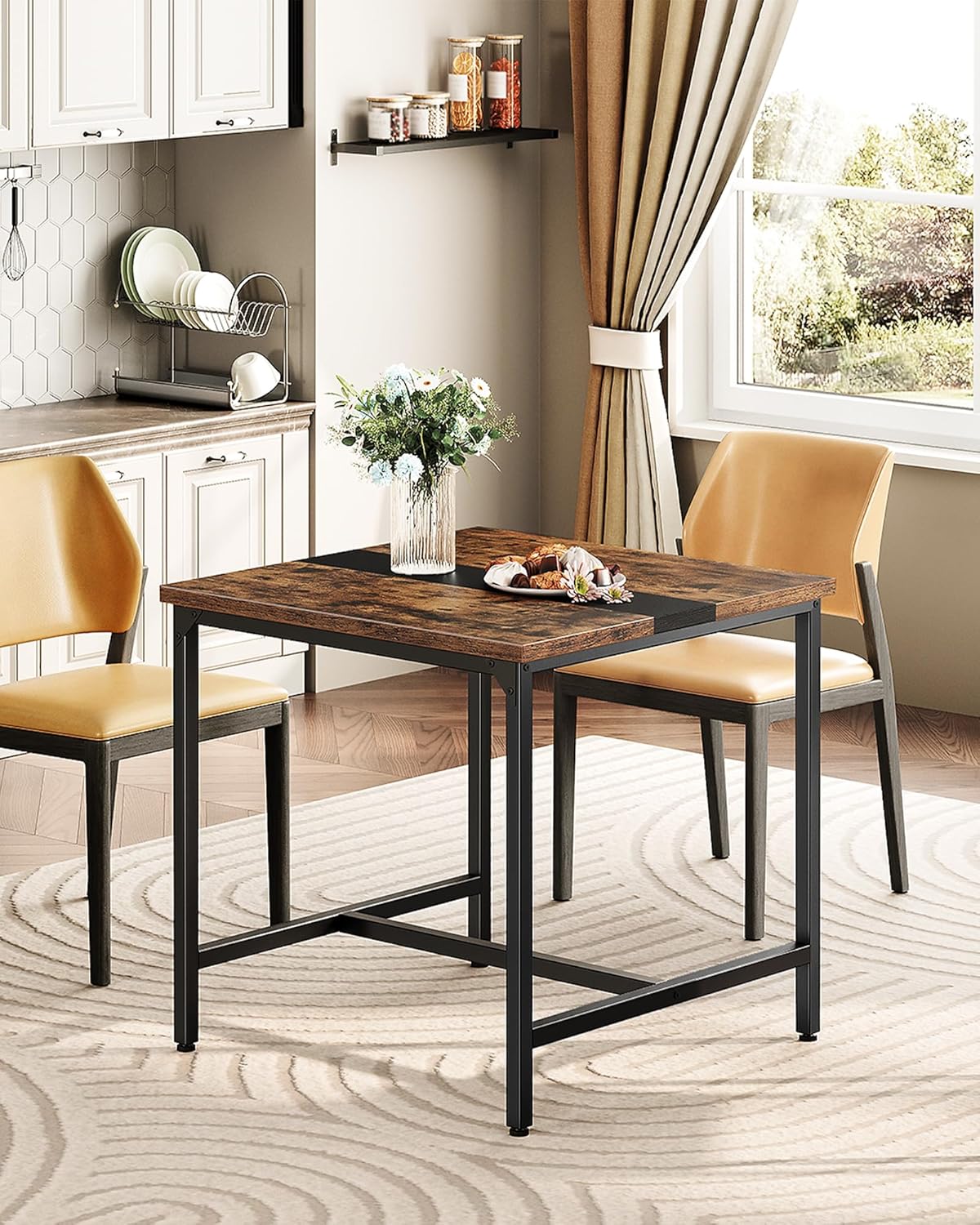 Square Kitchen Dining Table, 29.5'' Dining Table, Small Dining Tables, Writing Desk, Coffee Tables, for Restaurant, Living Room, Apartment, Rustic Brown and Black TCZ02BF