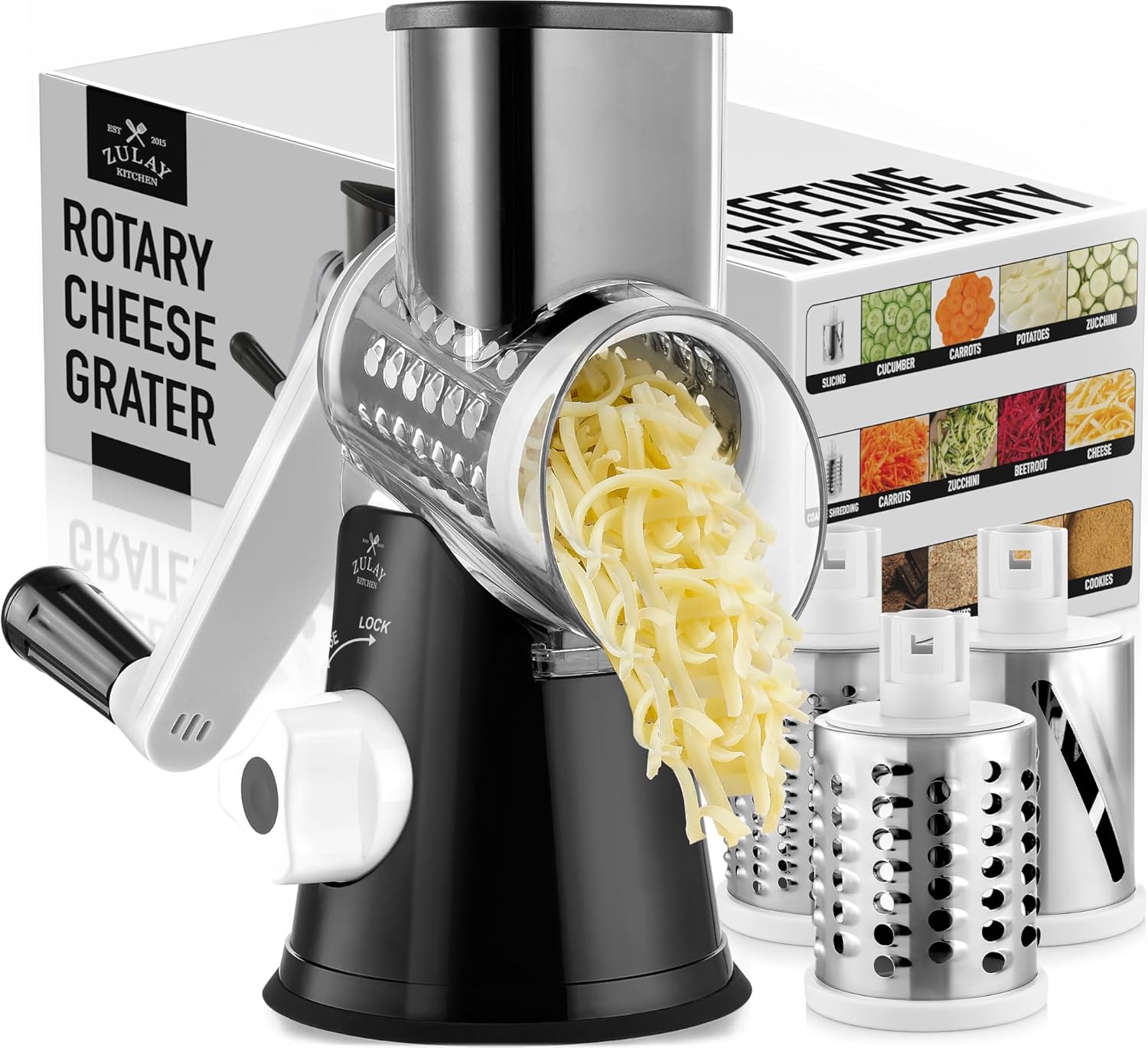 Zulay Rotary Cheese Grater 3 Blade Cheese Shredder - Manual Hand Crank Cheese Grater With Reinforced Suction & 3 Interchangeable Drums - Easy to Use Vegetable Chopper - Black