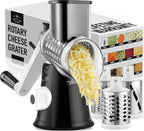 Zulay Rotary Cheese Grater 3 Blade Cheese Shredder - Manual Hand Crank Cheese Grater With Reinforced Suction & 3 Interchangeable Drums - Easy to Use Vegetable Chopper - Black