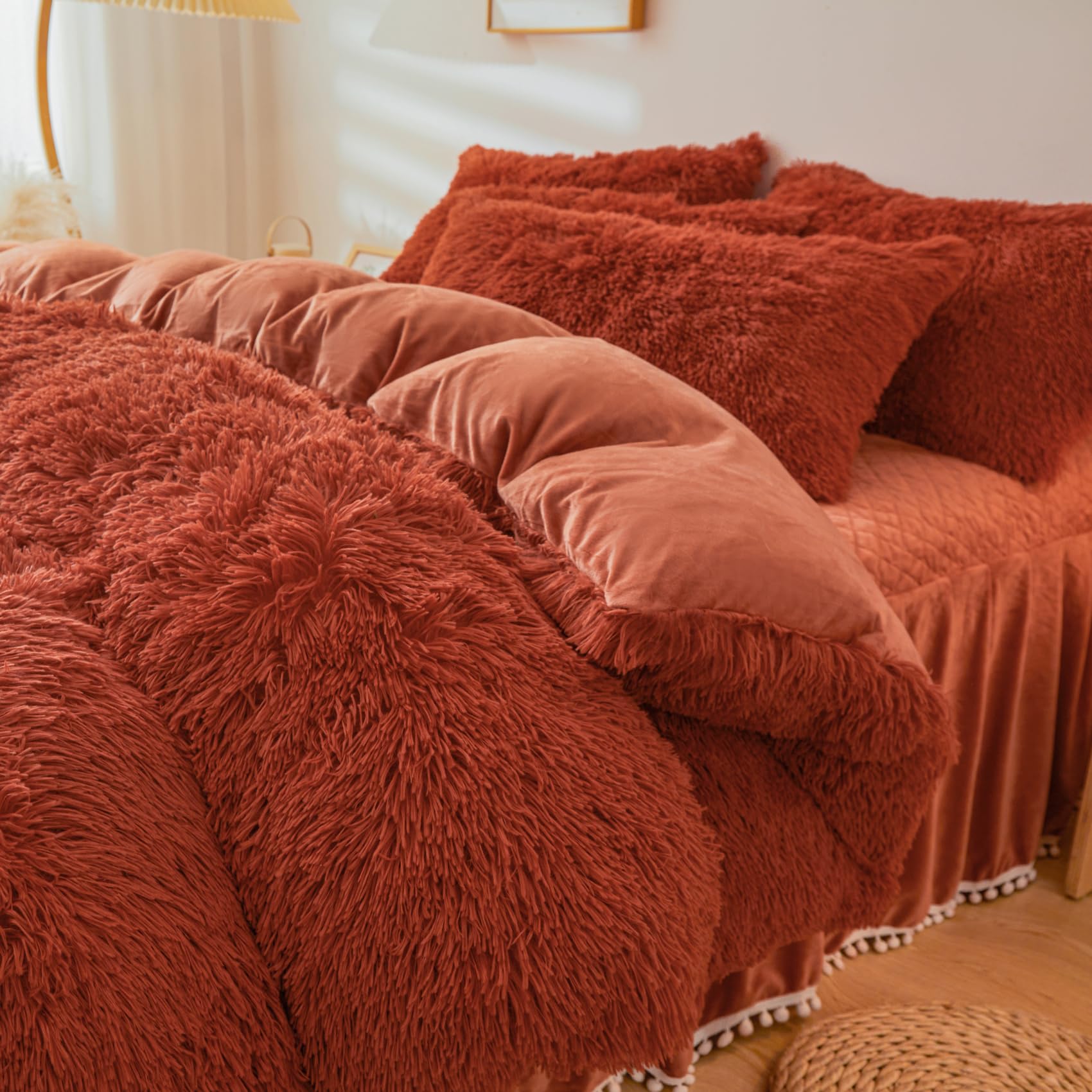 Fluffy Pink Faux Fur Comforter Cover Set，Fluffy Fuzzy Plush Pink Bedding 3Pcs (1 Faux Fur Duvet Cover +2 Fuzzy Pillowcases) Pink Fluffy Bed Set (Pink, Queen)