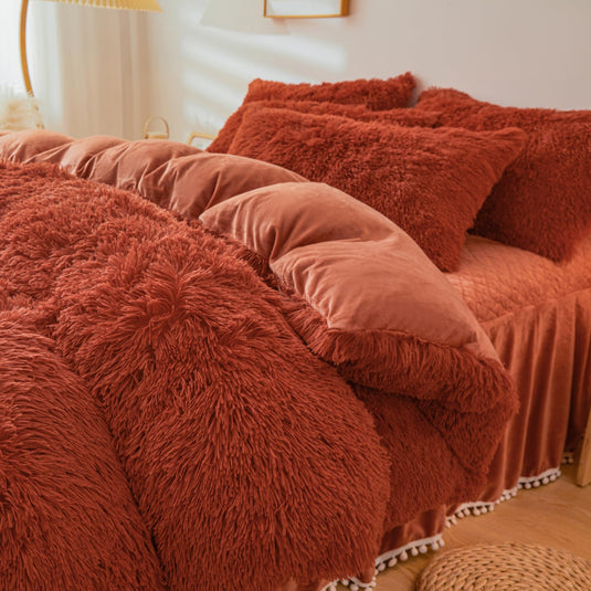 Fluffy Pink Faux Fur Comforter Cover Set，Fluffy Fuzzy Plush Pink Bedding 3Pcs (1 Faux Fur Duvet Cover +2 Fuzzy Pillowcases) Pink Fluffy Bed Set (Pink, Queen)