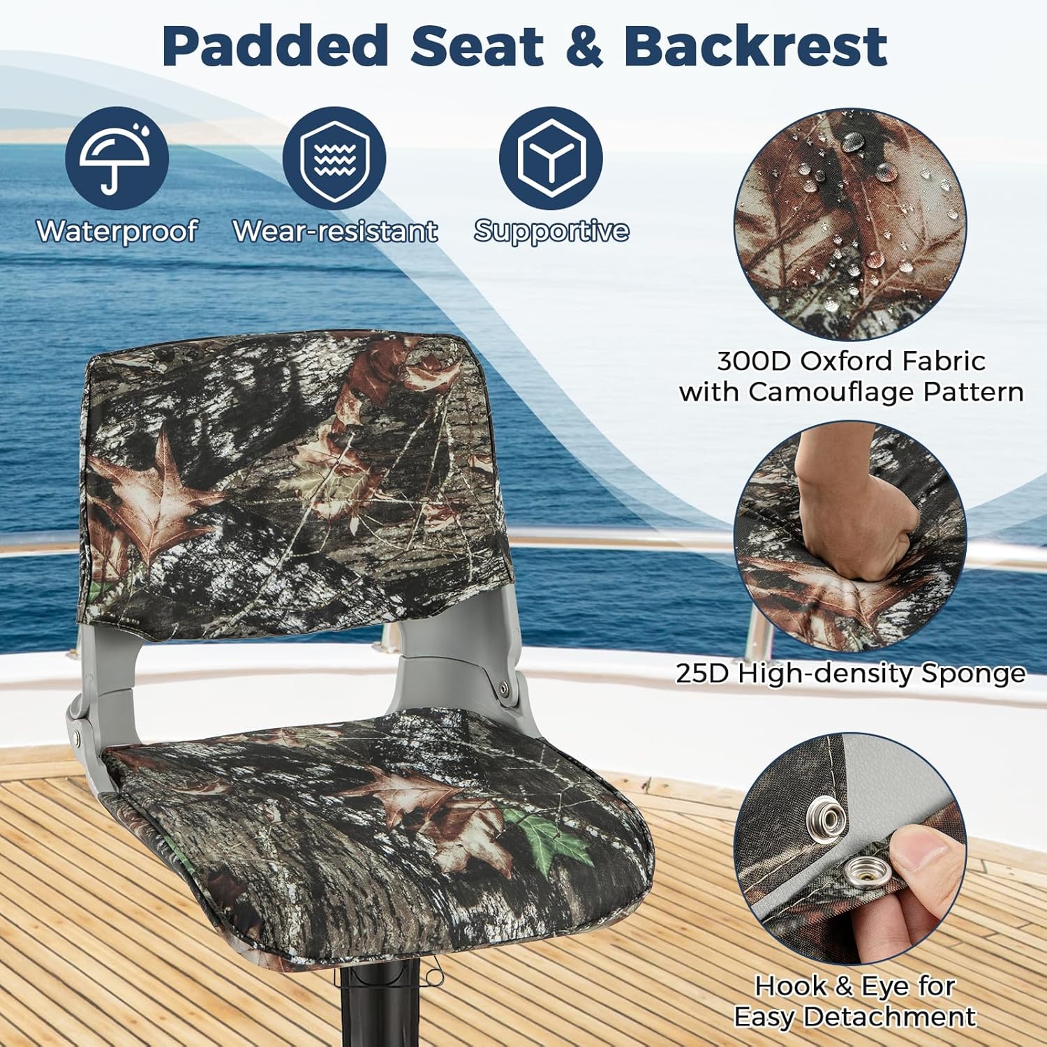 Goplus Low/High Back Boat Seats, Folding Boat Seat with Stainless Steel Screws & Aluminum Hinges, Thickened Sponge Padding, Waterproof Fishing Captain Boat Seats (2 Packs-Camo & Gray)