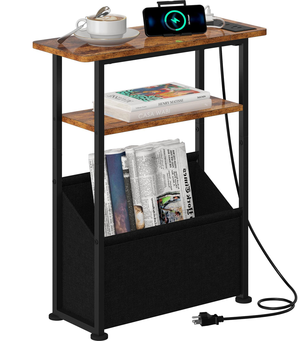 Yusong Small Narrow Side Table for Small Spaces, Slim End Table with Storage Bag, Sofa Snack Table with Adjustable Metal Mesh, 3 Tier Accent Skinny Beside Table for Living Room & Bedroom, Black Oak