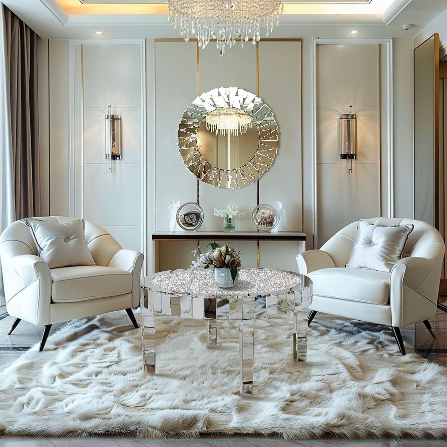 Round Mirrored Coffee Table: 31.5 inches Large Decorative Bling Crushed Diamond Tabletop with Silver Mirror Crystal Edge Frame and Legs Luxury Modern Home Decor for Livingroom