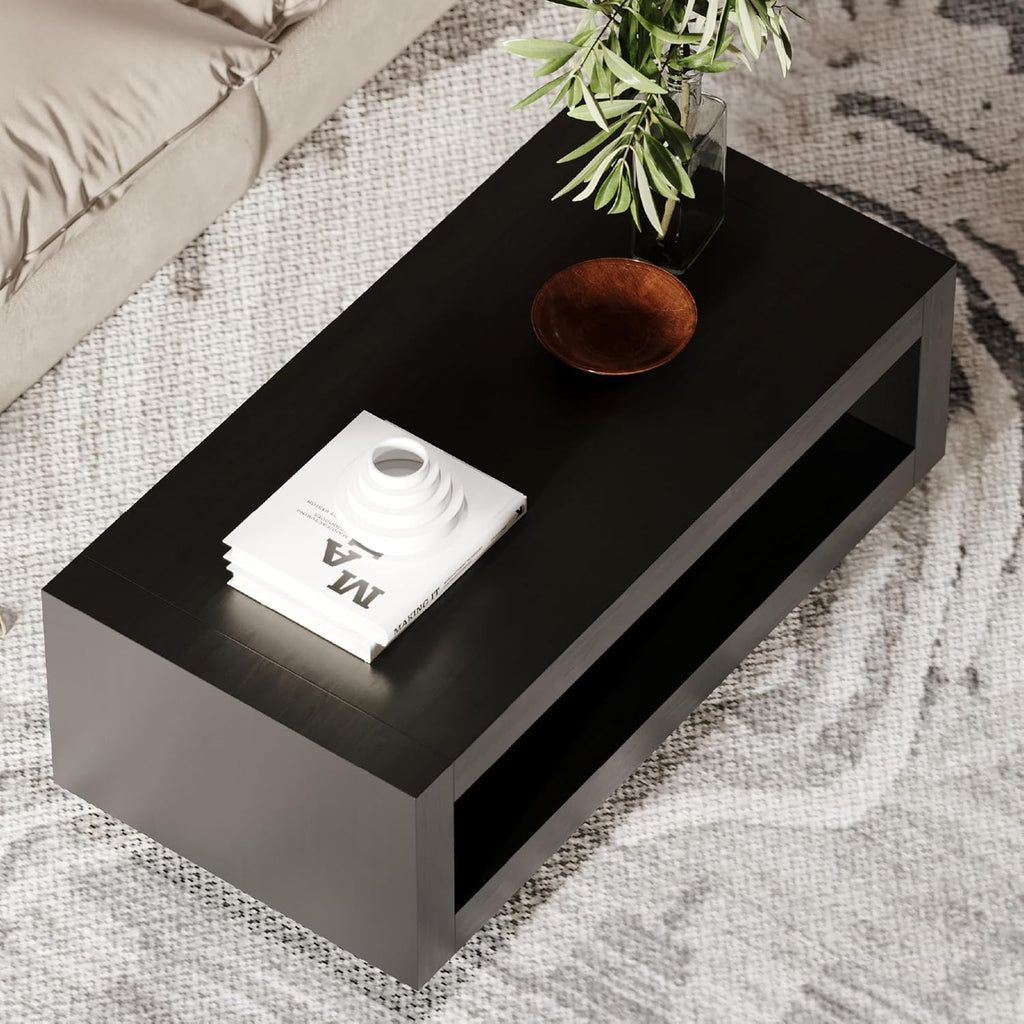 Maven Lane Artemis Coffee Table – 18 Inch Rectangle Table with Storage – Black Solid Wood – Ideal for Living Room and Lounge