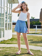 Pige blomstrede nederdele Børnemode elastisk høj talje flæse flydende shorts med snøre 5-14 år blå