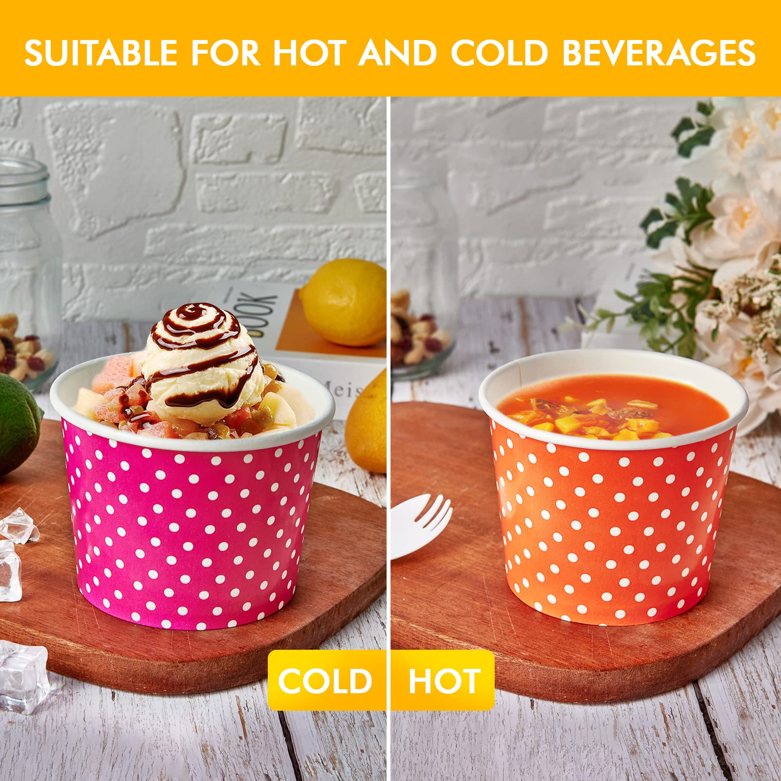 LITOPAK 120 opakowań 16 oz kubków do lodów, jednorazowe kubki na deser na zimne lub gorące jedzenie, kolorowe papierowe miseczki na zupy, desery lodowe i lody