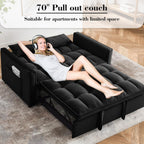 3 in 1 Sleeper Sofa Bed,Velvet Convertible Sofa Bed Pull-Out Bed Couch With Side Pockets,55'' Loveseat Sleeper Sofa with Adjustable Backrest for Living Room,Bedroom,Apartment and Small Space,Black