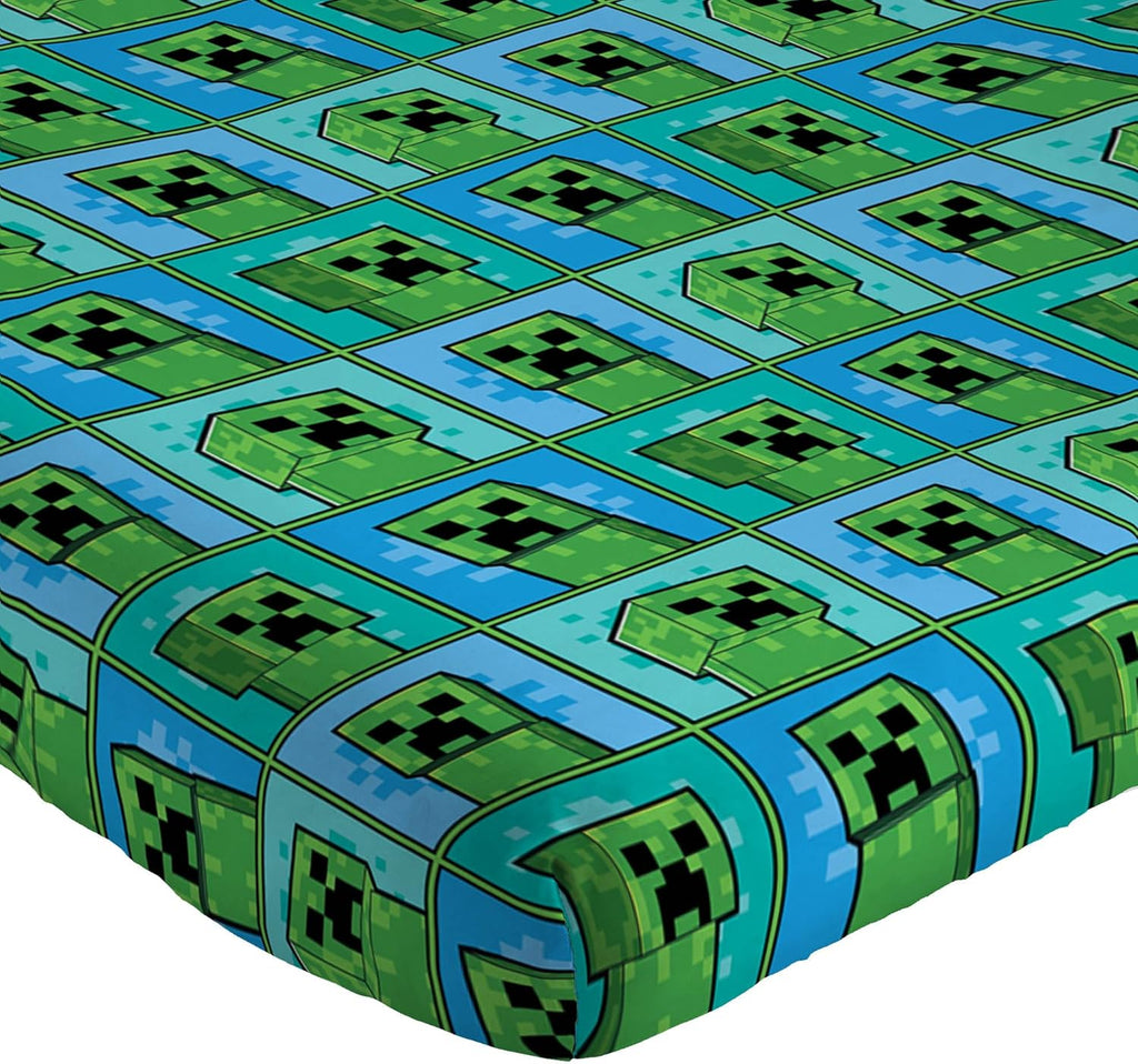 Jay Franco Kids Sheet Set with Fitted, Flat Sheets & Pillow Cover - Ultra-Soft Bedding with Pillowcase for Room Decor, Blue - Minecraft Creeper, 4 Piece Full