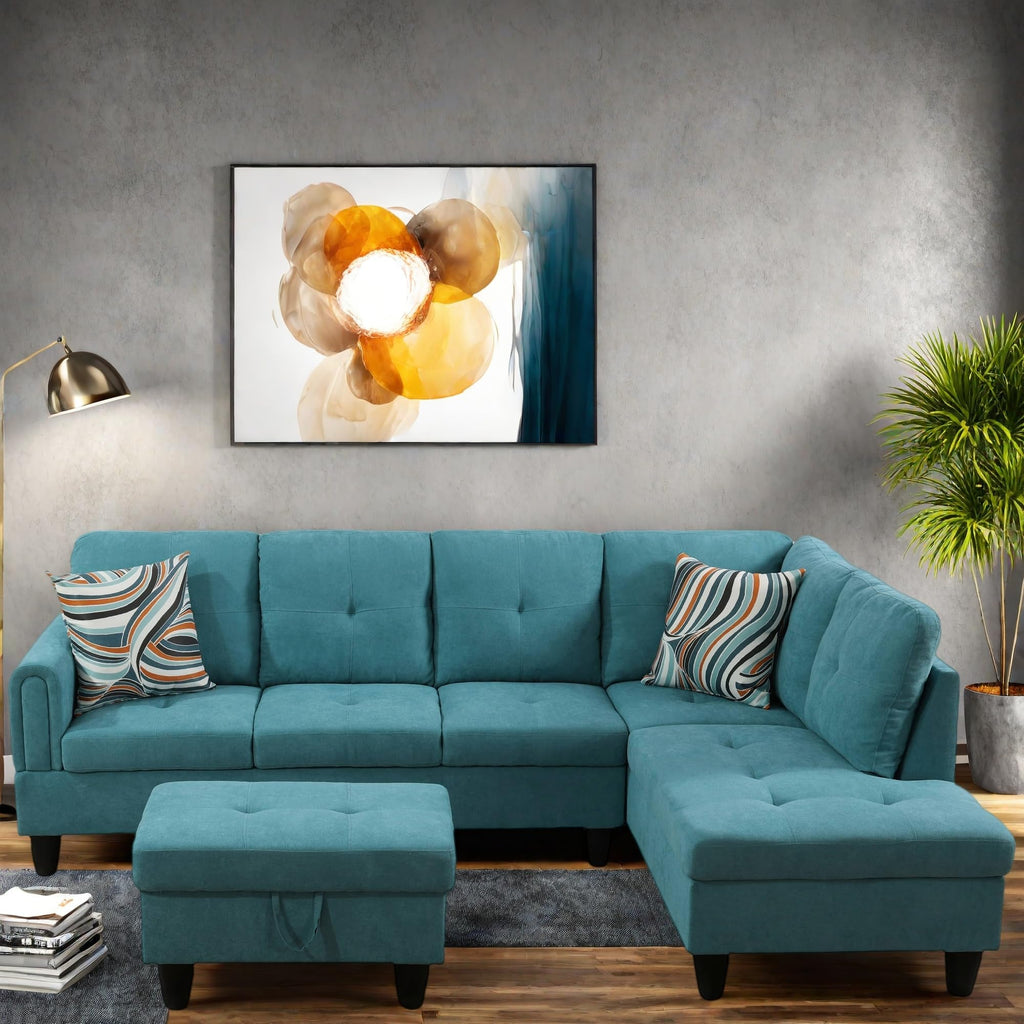 L Shaped Couch, Lounge Sectional Sofa with Chaise for Living Room, 6 Seat Modern Modular Couches with Movable Storage Ottoman, Black Grey