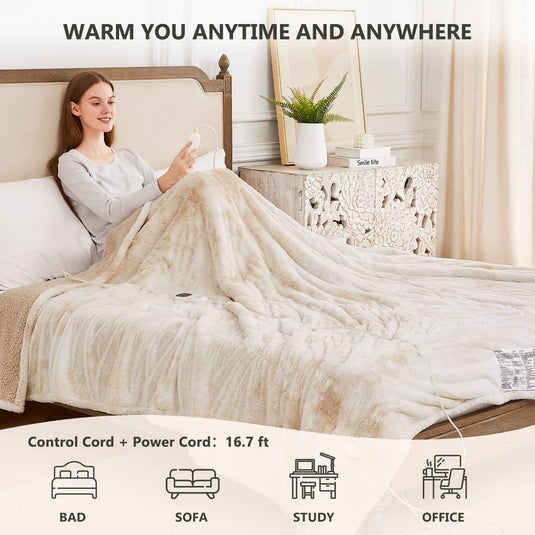 Homemate Heated Blanket Electric Throw - 50x60 Heating Blanket Throw 5 Gears Auto-Off 10 Heat Levels Heat Blanket Over-Heat Protection Luxury Faux Fur Sherpa Heater Blanket Electric ETL Certification