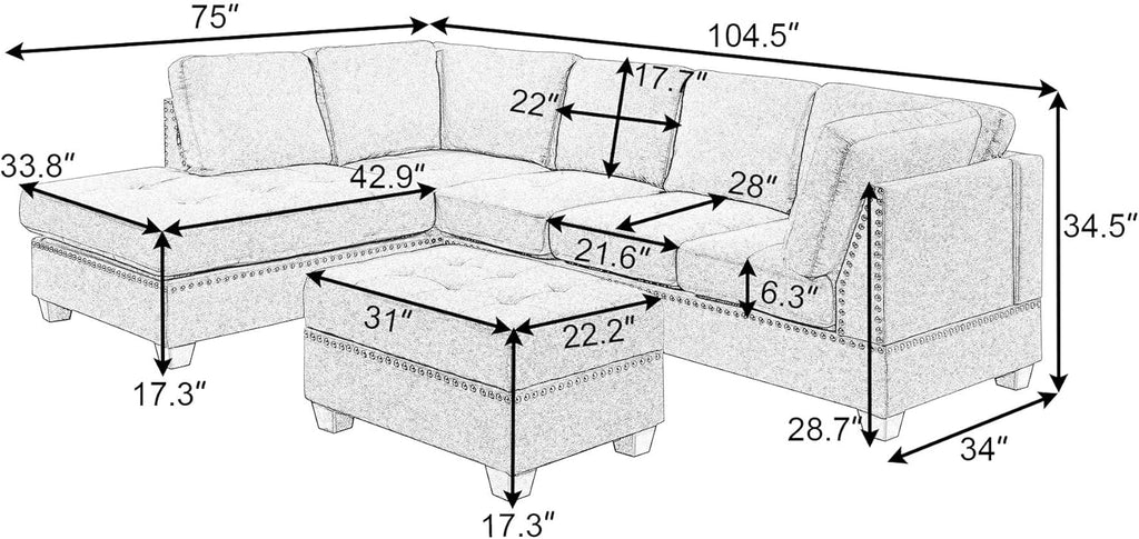 L-Shaped Oversized Reversible Sectional Sofa Couch with Drop-down Cupholders ,Modern Living Room 6 Seaters Corner Tufted Upholstered Sofa&Couch W/Reversible Chaise ,Storage Ottoman and Nailhead Decor