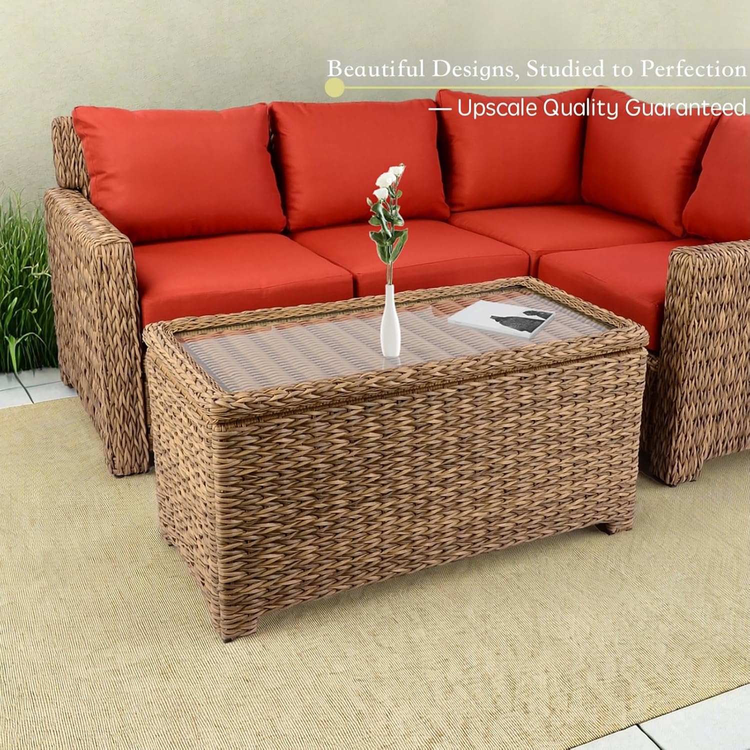 Classic Patio Coffee Table with Storage, Hand-Woven HDPE Rattan Wicker Outdoor Coffee Tables, Tempered Glass Flip-Top, Waterproof for Porch Backyard (40''Wx19''Dx22''H, Light Brown)