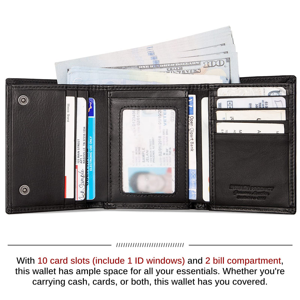 Portefeuille pour homme Enwaen avec chaîne, portefeuille trifold en cuir véritable, blocage RFID, chaîne anti-vol pour motard, moto (noir)