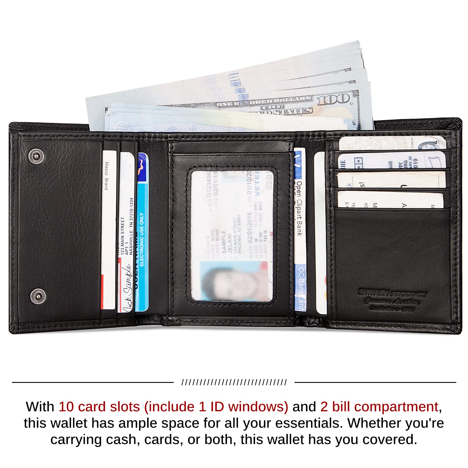 Portefeuille pour homme Enwaen avec chaîne, portefeuille trifold en cuir véritable, blocage RFID, chaîne anti-vol pour motard, moto (noir)