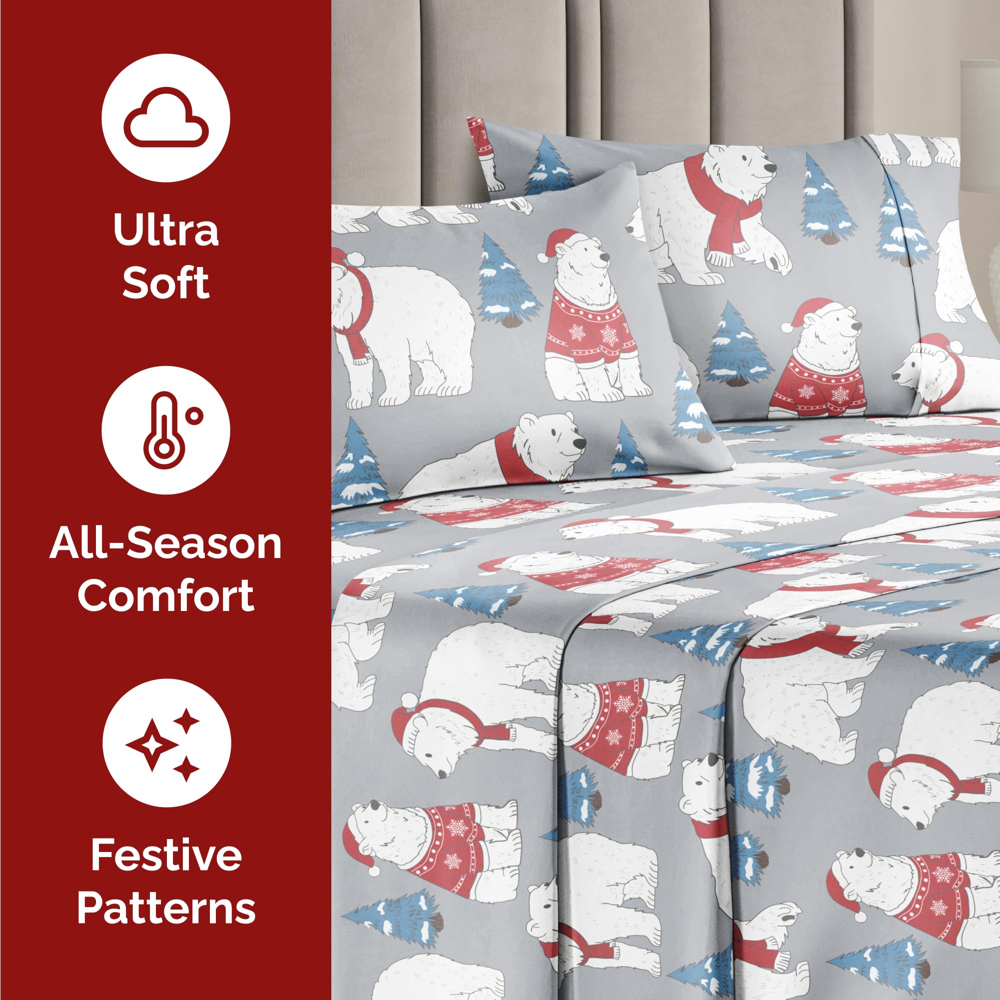 Queen Christmas Tree Sheet Set - Holiday Xmas Pattern Linen Set - Deep Pockets - Snug Fit - 4 Piece - Wrinkle Free - Comfy & Cooling Festive Winter Bedding - Easy To Care For - Kid Friendly