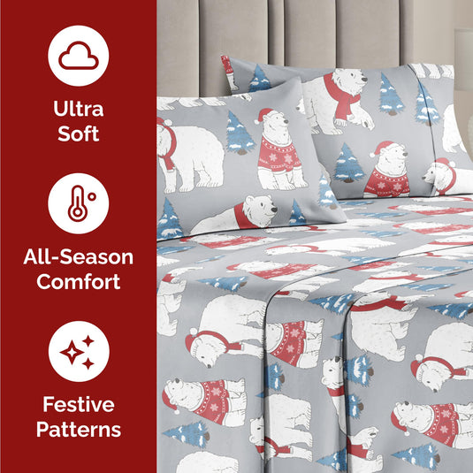 Queen Christmas Tree Sheet Set - Holiday Xmas Pattern Linen Set - Deep Pockets - Snug Fit - 4 Piece - Wrinkle Free - Comfy & Cooling Festive Winter Bedding - Easy To Care For - Kid Friendly