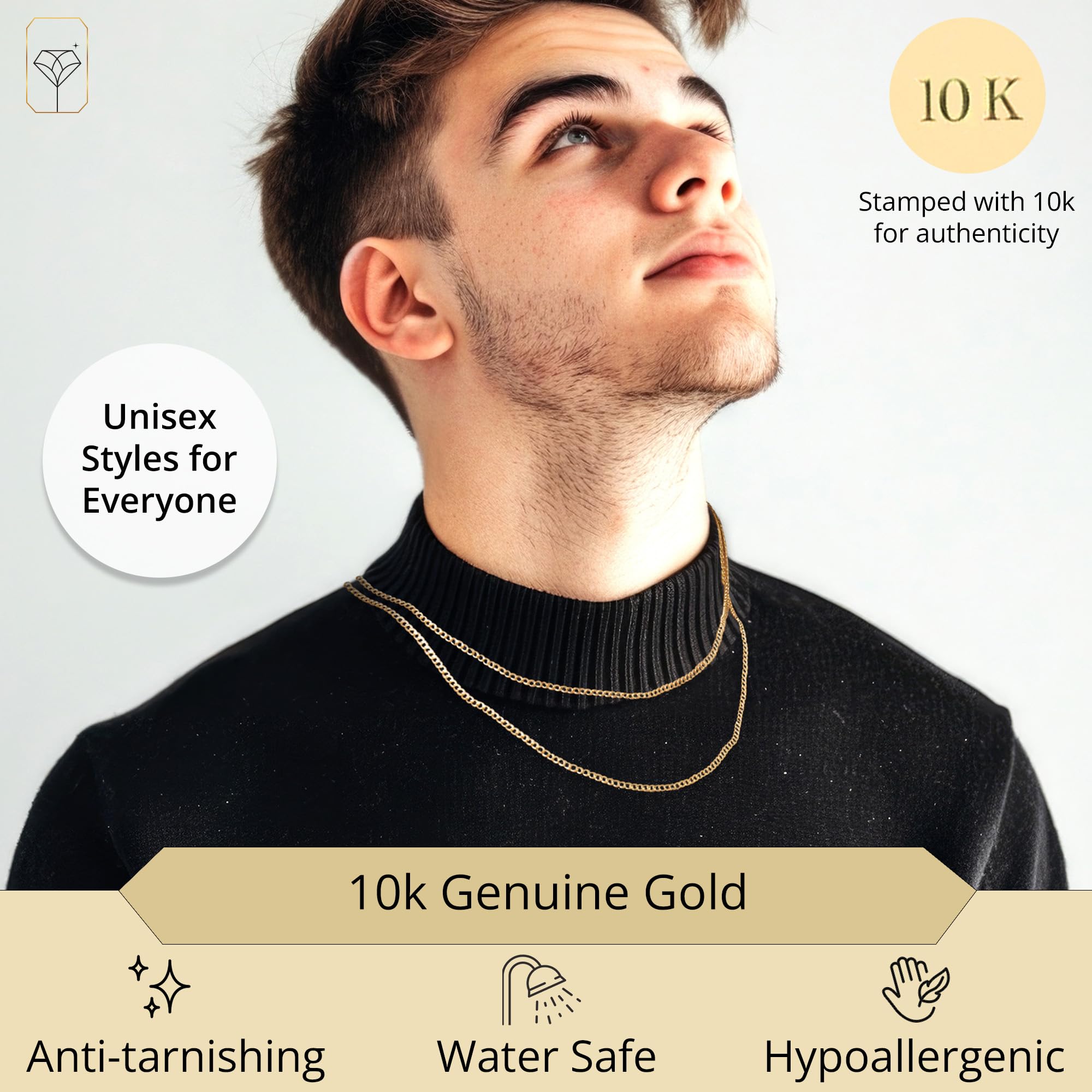 MAX + STONE Corrente de Ouro 10K 2MM Corrente Hipoalergênica Curb de 18 Polegadas | Corrente de Ouro Maciço para Homens e Mulheres | Colar de Ouro 10K Masculino