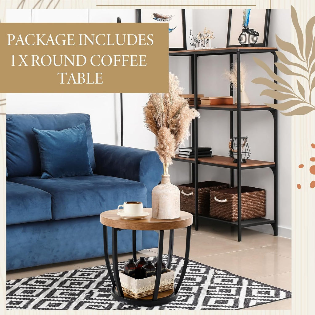 Round Coffee Table, 2-Tier Circle Wood Coffee Table with Storage Shelves, Modern Industrial Wooden Accent Center Sofa Side for Living Room, Home Office(19.7'' Dia X 17.7 H)