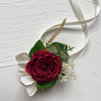 MAFELOE Artificial Wrist Corsage Boutonniere Set for Groom Bride Groomsmen Bridesmaids, Corsage Wristband Men Boutonniere Wedding Party Prom Suit Decorations - Burgundy 2Pcs