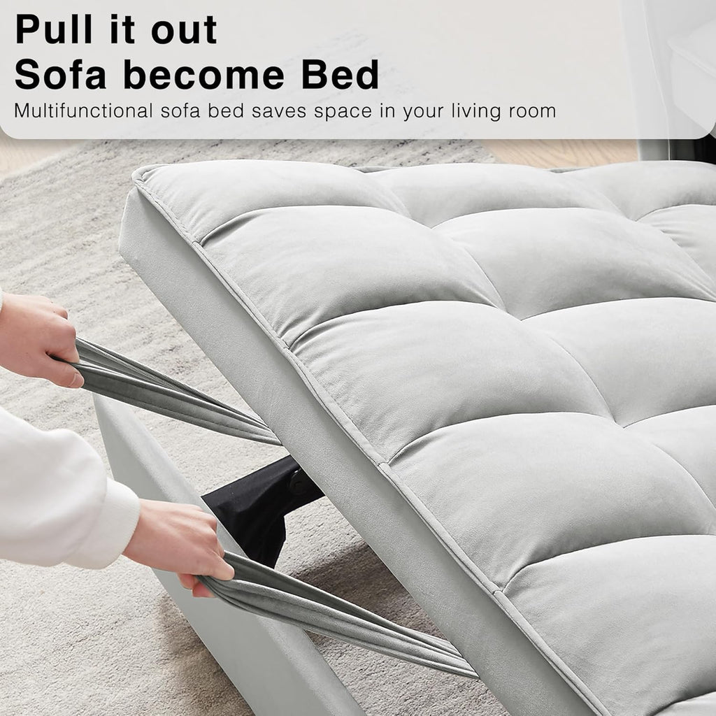 3 in 1 Convertible Sleeper Sofa Bed, Futon Couches for Living Room with Side Pocket | Adjustable Backrest | Velvet Fabric | Pull Out Couch | Small Loveseat | Sectional Sofa Bed(Grey)