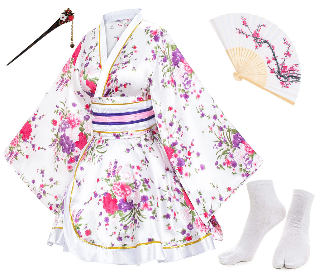Japanese Anime Women's Dance Kimono Robe Fancy Dress Hand Held Silk Folding Fans Tabi Hairstick Socks Set