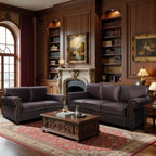 Mid-Century Vintage Sofa Couches with Rivet Design,loveseat Sofa,Removable Sofa Cover Upholstered Cushions and Solid Wood Frame (Brown, 3-Seater)