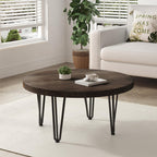 Rustic Wood Round Coffee Table with Metal Legs, Solid Elm Wood Top and Non-Slip Feet Pads - Farmhouse Style for Living Room, Natural