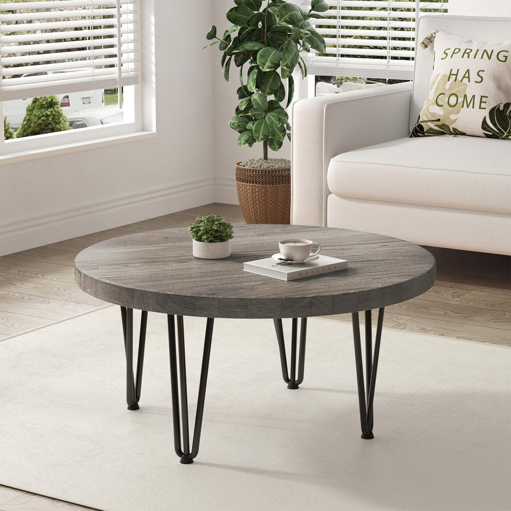 Rustic Wood Round Coffee Table with Metal Legs, Solid Elm Wood Top and Non-Slip Feet Pads - Farmhouse Style for Living Room, Natural