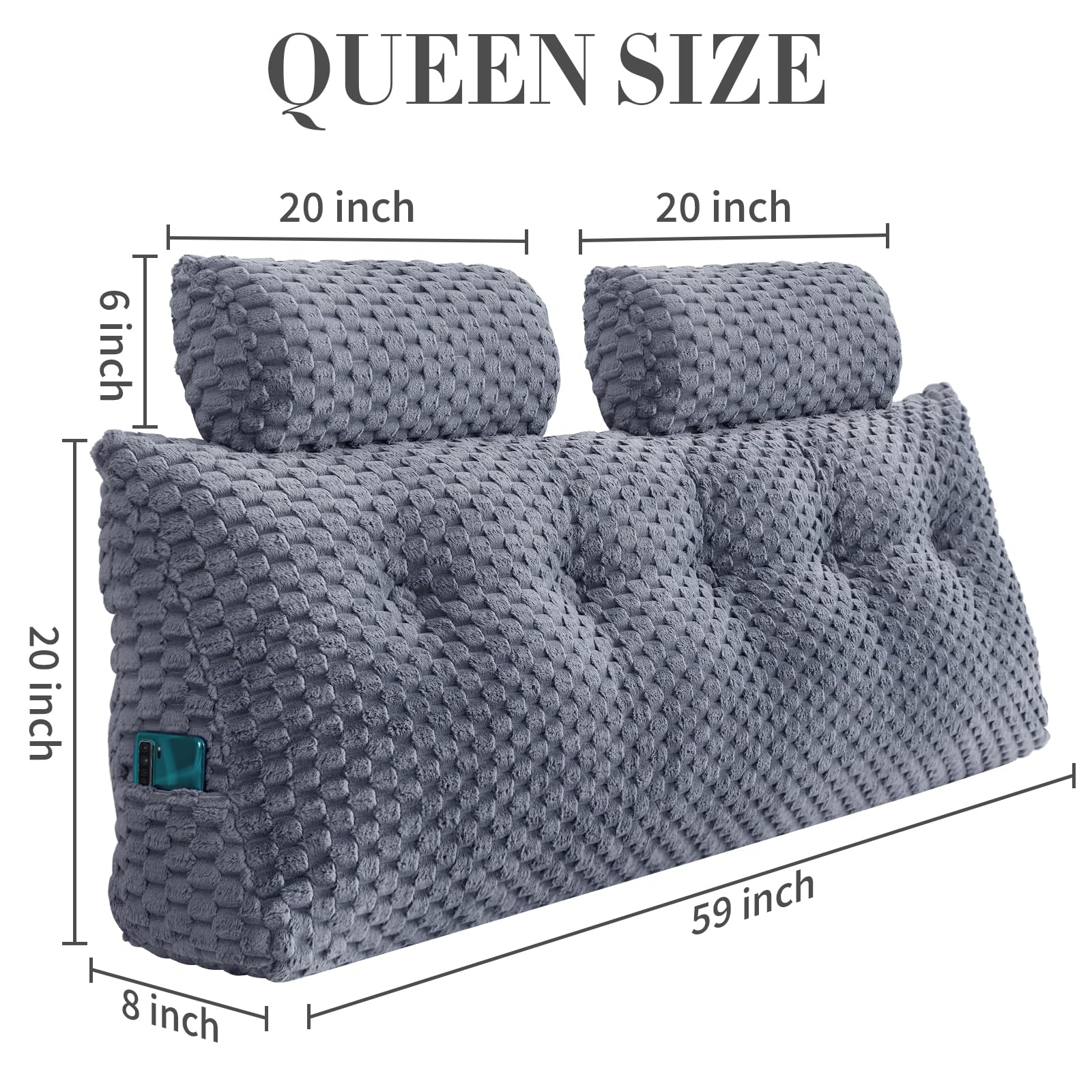 EUHAMS Wedge Headboard Pillow - Bed Wedge Pillow for Headboard Triangular Headboard Pillow with Neck Roll Pillow-Large Bolster for Sitting in Bed Backrest Positioning Support (Grey,59x8x20 Inches) - Grand Goldman