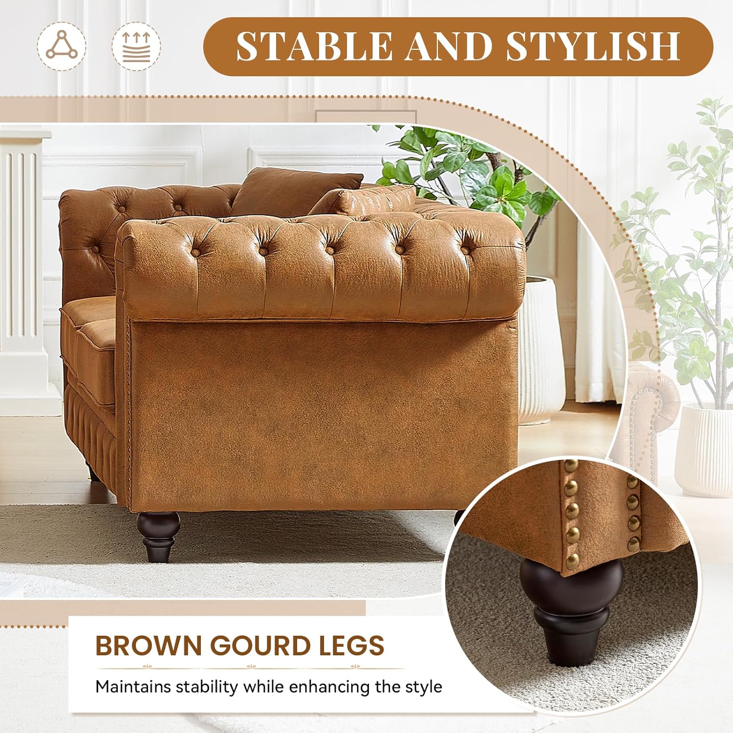 Modern Chesterfield Sofa Couch, 85.5-inch Tech Fabric 3-Seater Sofa with Rolled Arms and Tufted Button for Living Room, Office, Brown