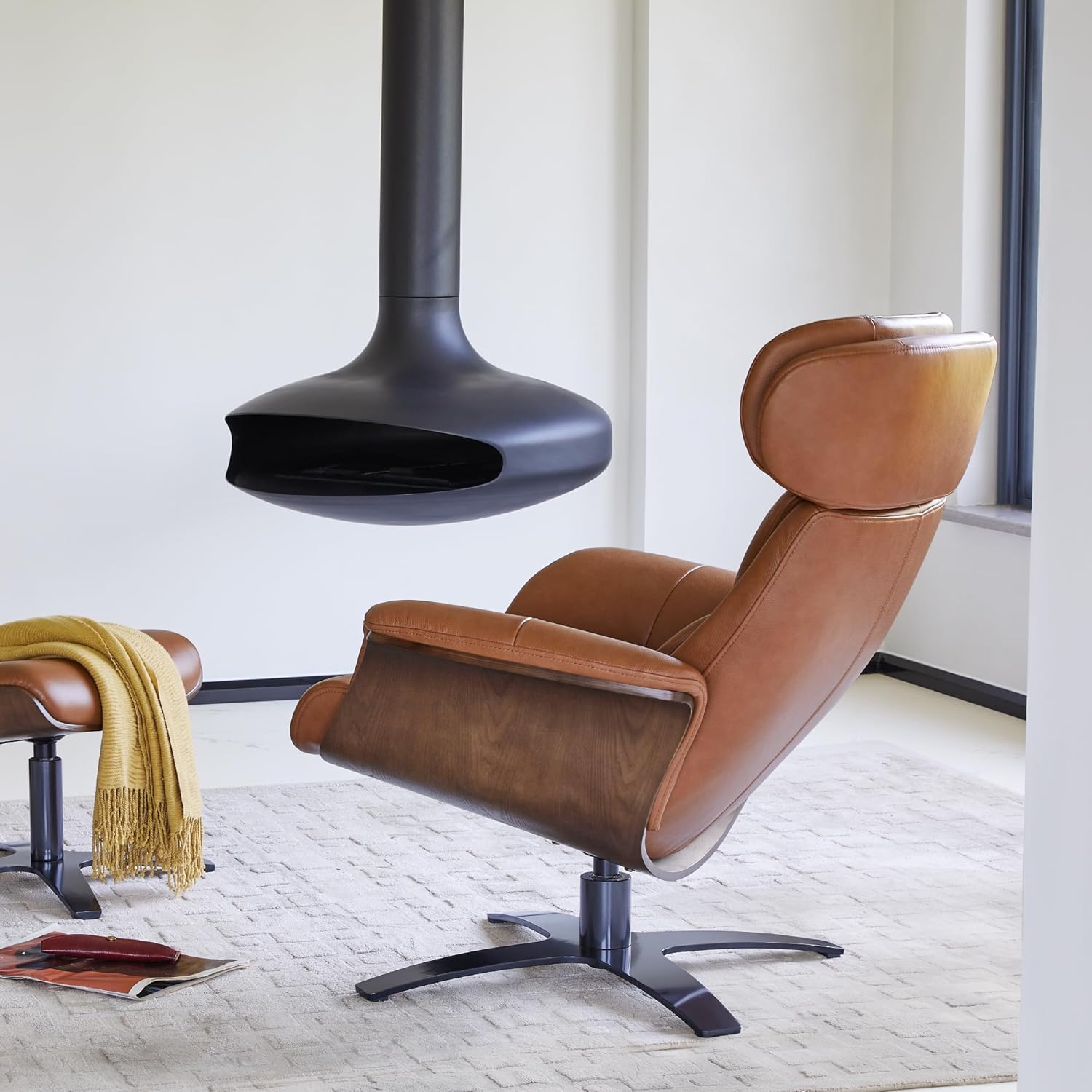 CHITA Genuine Leather Reclining Swivel Chair with Adjustable Headrest and Ottoman for Living Room, Saddle