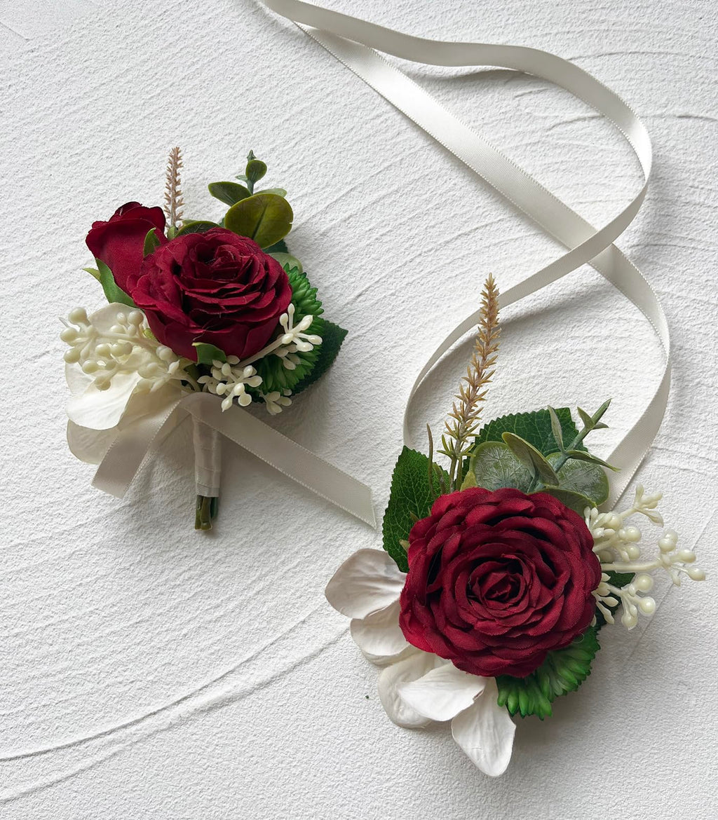 MAFELOE Artificial Wrist Corsage Boutonniere Set for Groom Bride Groomsmen Bridesmaids, Corsage Wristband Men Boutonniere Wedding Party Prom Suit Decorations - Burgundy 2Pcs