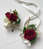 MAFELOE Artificial Wrist Corsage Boutonniere Set for Groom Bride Groomsmen Bridesmaids, Corsage Wristband Men Boutonniere Wedding Party Prom Suit Decorations - Burgundy 2Pcs