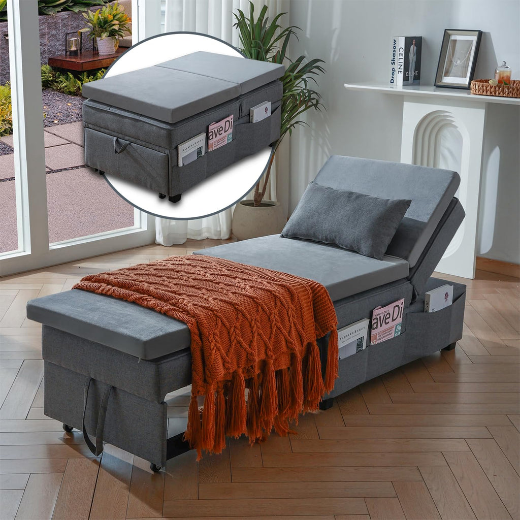 Cynefin Futon Chair with Lumbar Pillow and 3 Side Pockets, Sofa Bed Chair, Convertible 4 in 1 Ottoman Bed Tufted Fabric Gray (M, Gray)