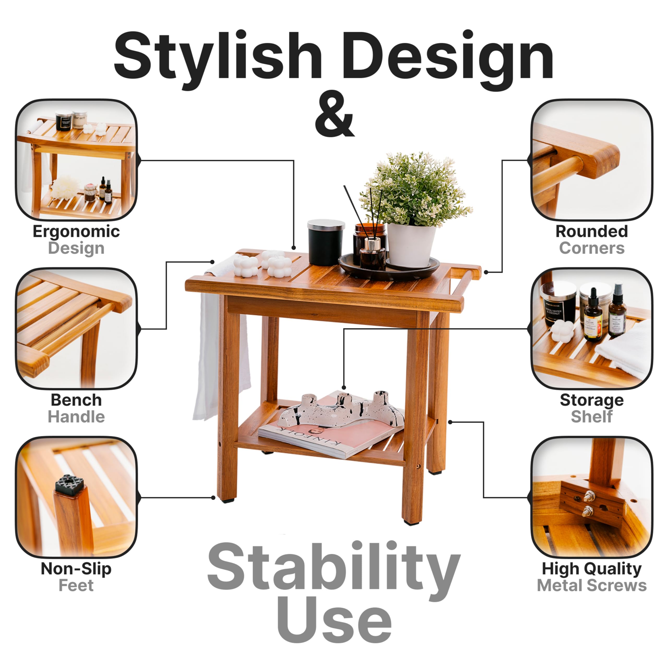 Teak Shower Bench Seat with Handles AB & Co Group, Portable Wooden Shower Bench with Storage Towel Shelf,Waterproof Teak Shower Stool, Spa Bath Shower Chair for Inside Outside Shower