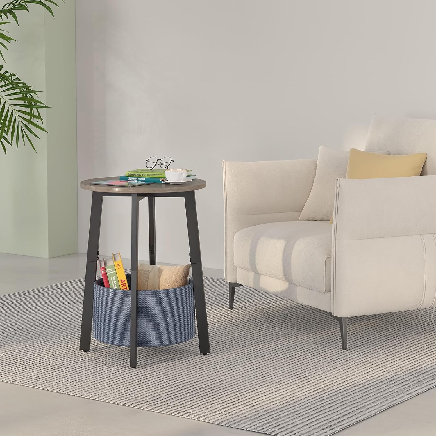 Small Round Side End Table with Cloth Storage Basket, Round Bedside Sofa Couch Coffee Tables for Small Places with Metal Frame, Modern Nighstands for Living Room Bedroom, Grey