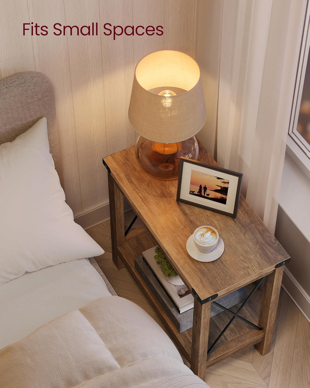 VASAGLE 2-Tier End Table, Side Table with Bottom Shelf, Nightstand for Small Spaces, for Living Room, Bedroom, Farmhouse Style, Honey Brown ULET235K41
