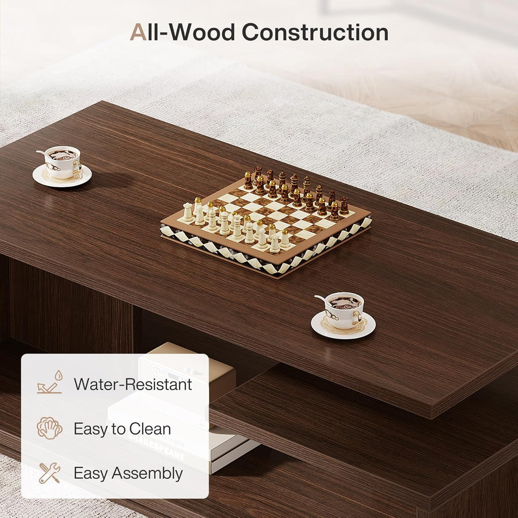 Tribesigns 47.24" Coffee Table with Storage Shelf, Mid-Century Modern Center Table, 3-Tier Rectangle Wooden Tea Table with Thick Base for Living Room, Walnut