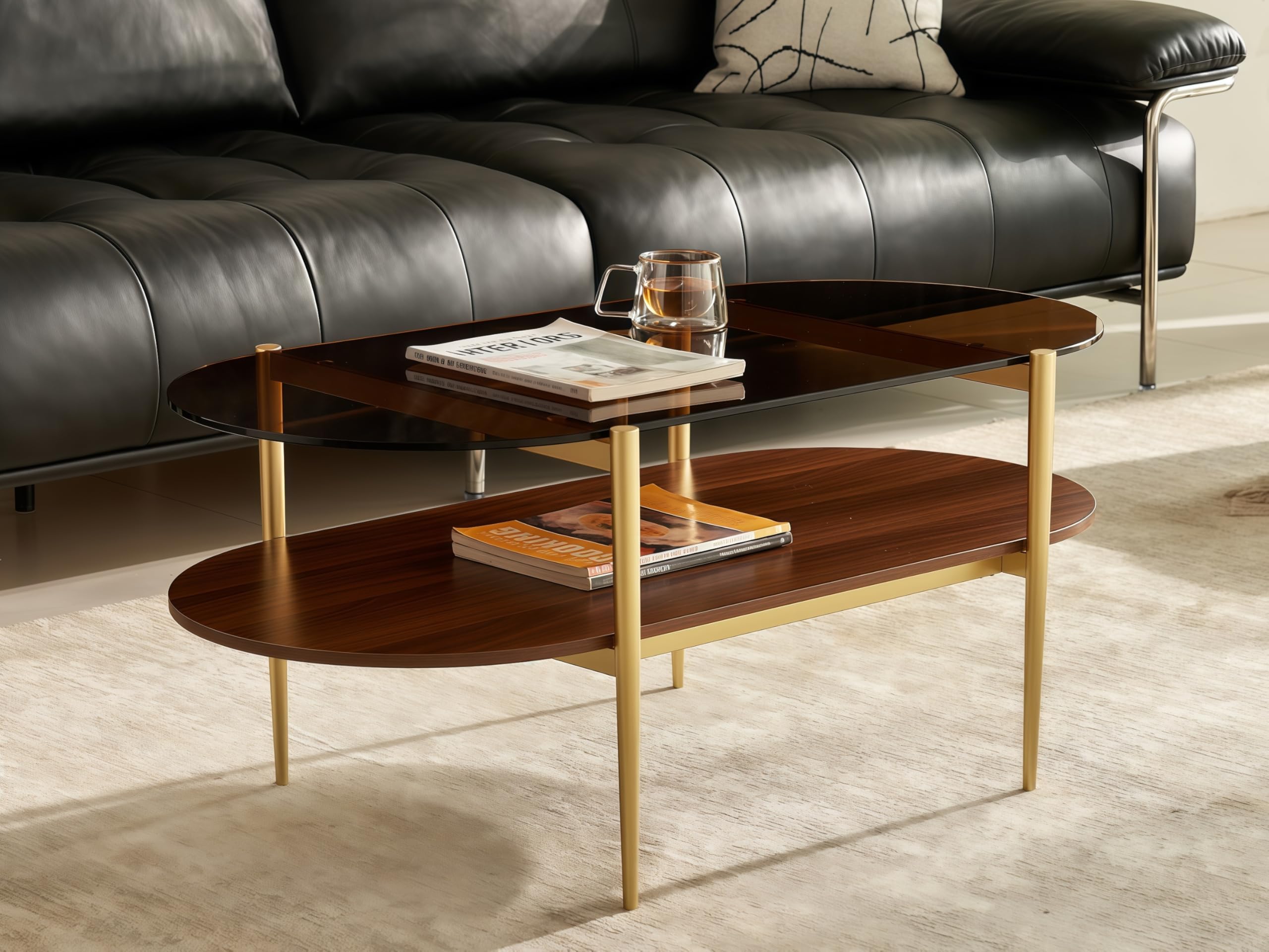 Shrine Oval Coffee Table, Mid-Century Modern Design, 2-Tier Structure, Clear Glass Top and White MDF Shelf, 47" D x 21" W x 17" H, Sleek Conical Metal Legs with Gold Finish