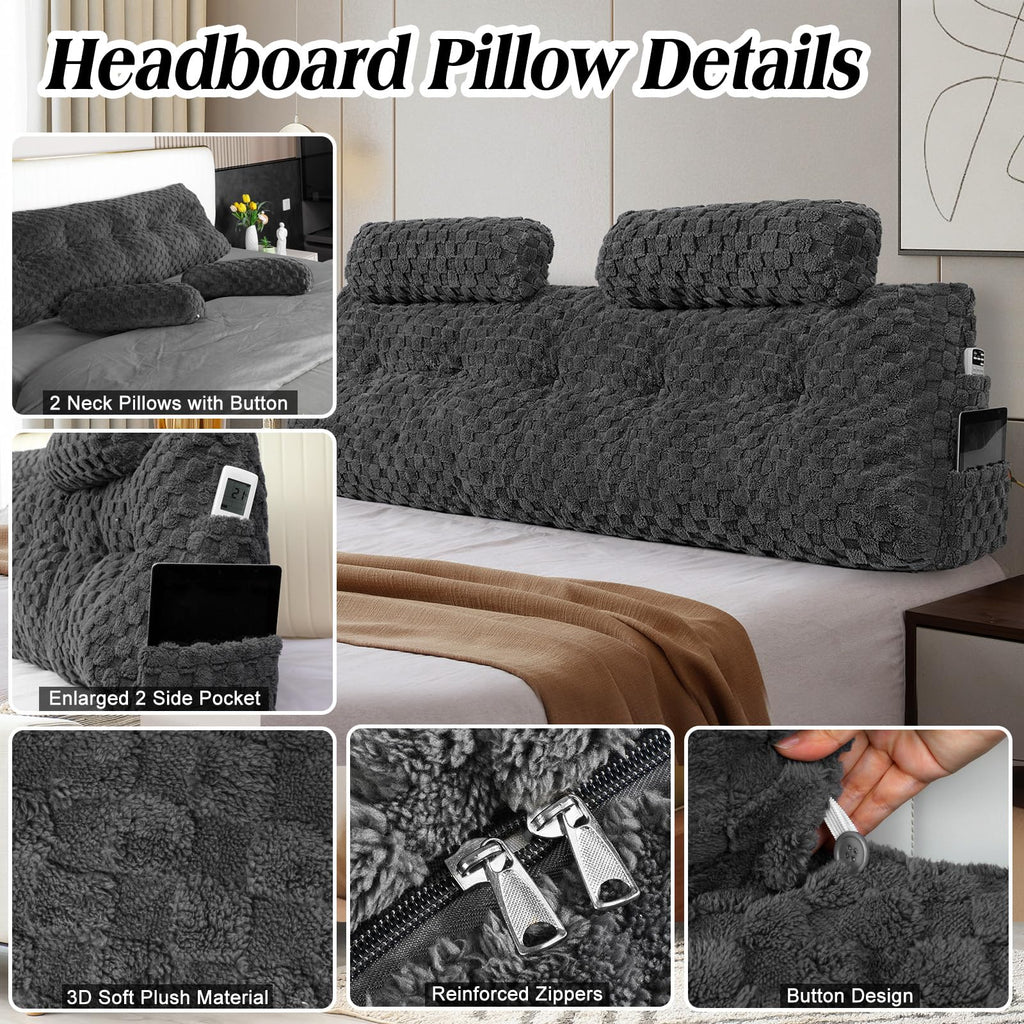 Groot hoofdeinde kussen met 2 stuks nekkussen rol kussen wig kussen bed rust lees kussen bolster driehoekig kussen voor zitten in bed-rugleuning positioneringssteun (Queen:59x8x20 inches, Donkergrijs)