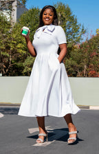 Memoriesea Women's Elegant Casual Short Sleeve Work Party A-Line Dress with Pockets White