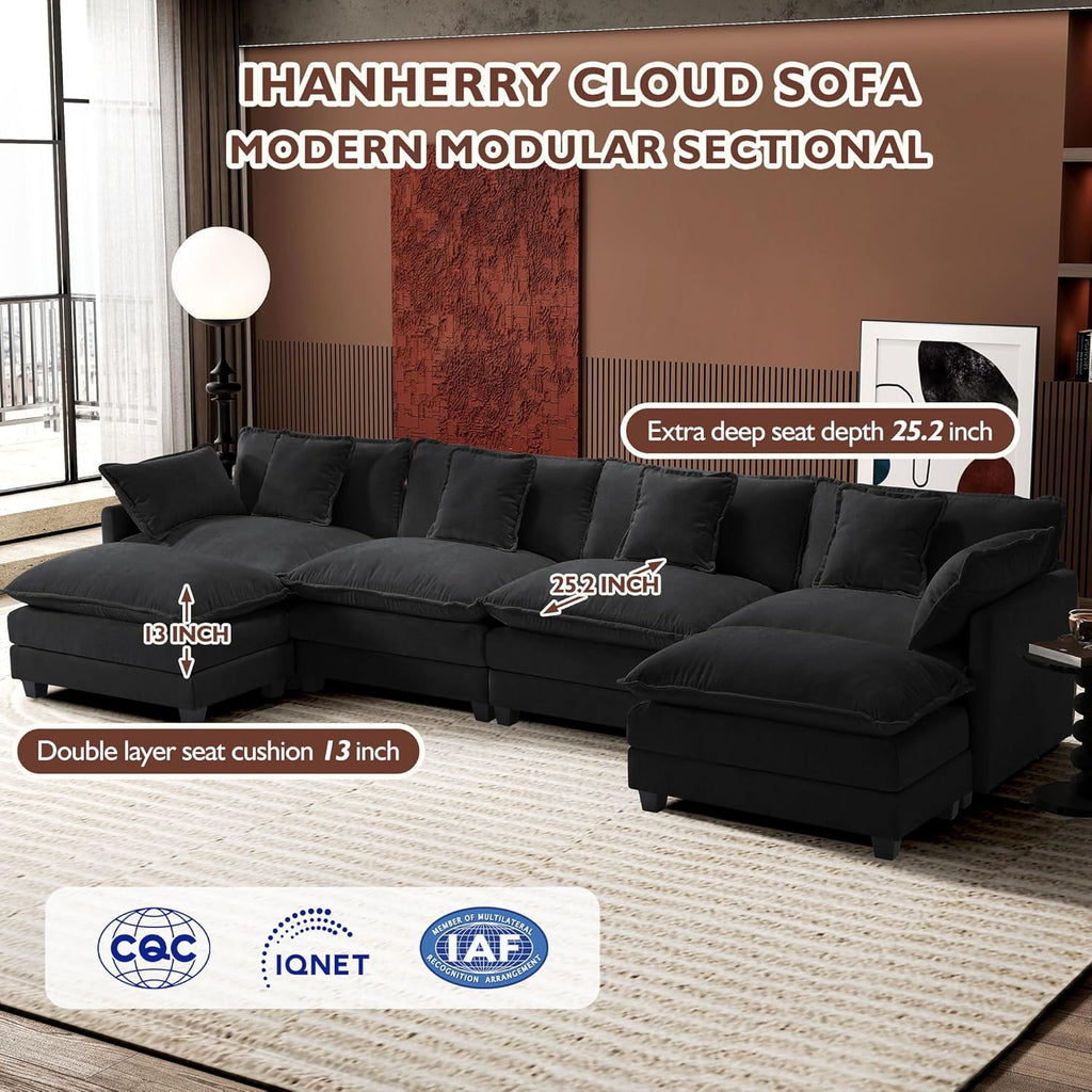 Ihanherry 146" U-Shaped Modern Sofa Modular Sectional Cloud Couch with 2 Ottoman, 6-Seat Chenille Deep Seat Sofa with 6 Pillows for Living Room, Bedroom and Apartment, Black