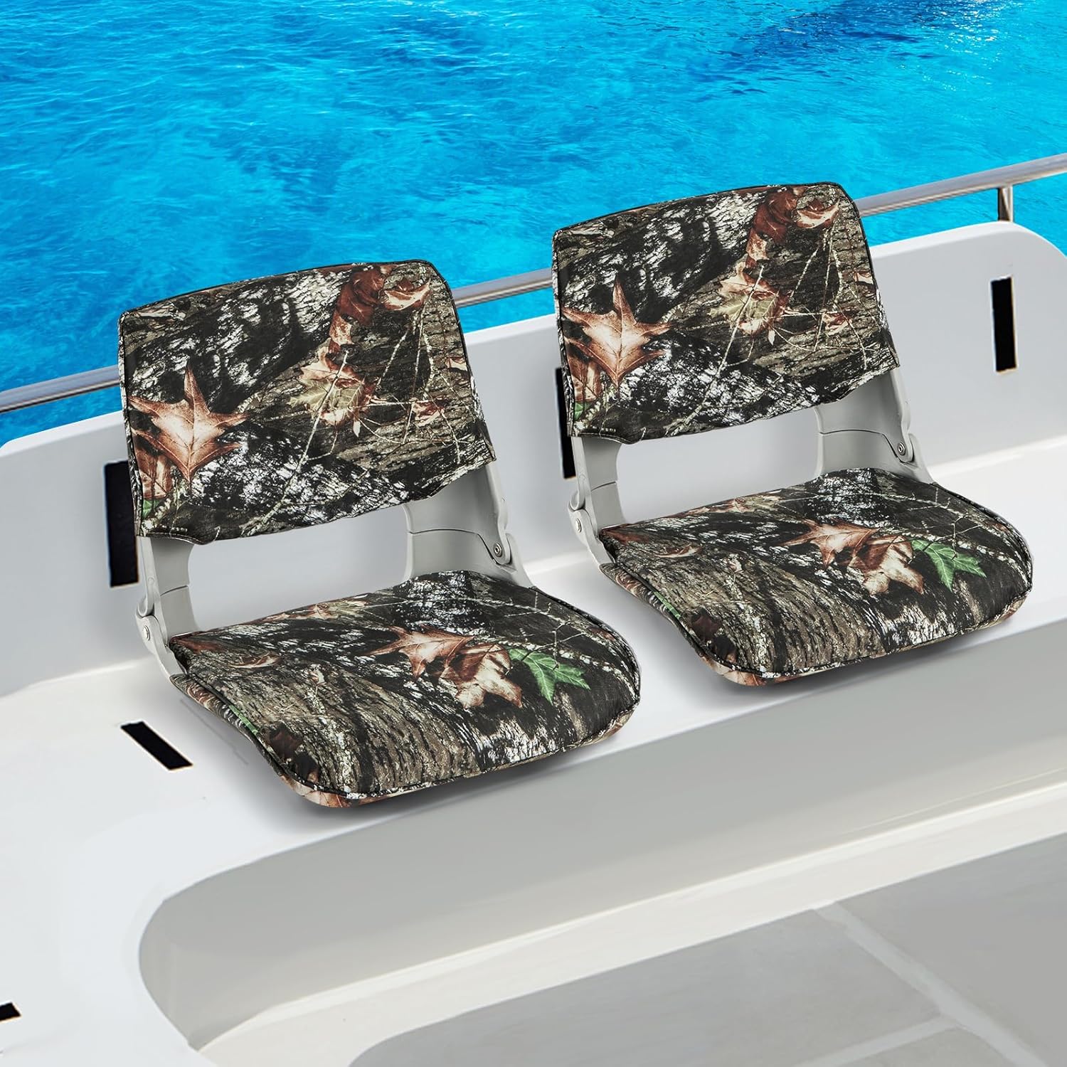 Goplus Low/High Back Boat Seats, Folding Boat Seat with Stainless Steel Screws & Aluminum Hinges, Thickened Sponge Padding, Waterproof Fishing Captain Boat Seats (2 Packs-Camo & Gray)