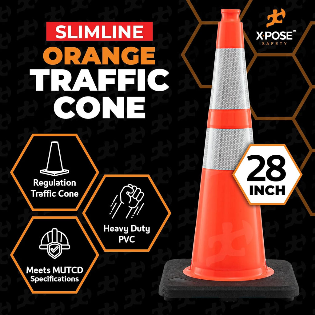 Xpose Safety 28 Inch Orange Slim Line Traffic Cones with 6" & 4" Collars, 24 Pack Multipurpose PVC Plastic Safety Cone for Parking, Soccer, Caution, Kids & Construction - DOT Approved