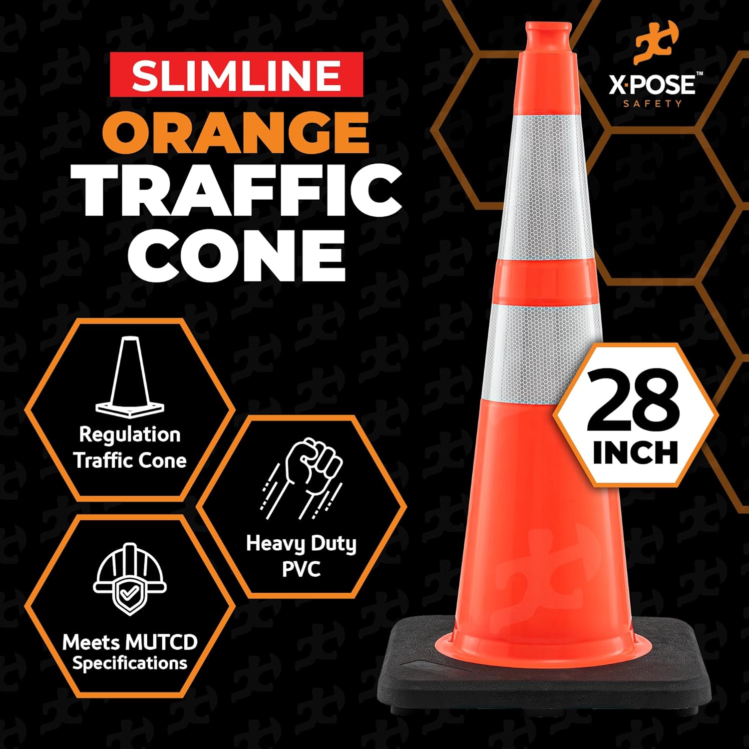 Xpose Safety 28 Inch Orange Slim Line Traffic Cones with 6" & 4" Collars, 24 Pack Multipurpose PVC Plastic Safety Cone for Parking, Soccer, Caution, Kids & Construction - DOT Approved
